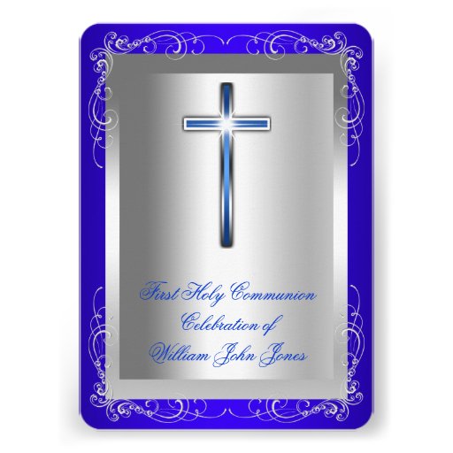 Boy First Holy Communion Silver Royal Blue Rounded Custom Announcements