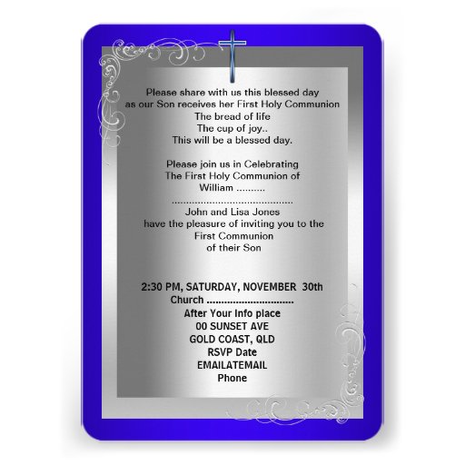 Boy First Holy Communion Silver Royal Blue Rounded Custom Announcements
