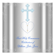 Boy First Holy Communion Silver White Blue Invite