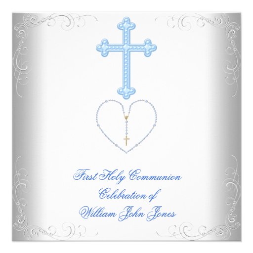 Boy First Holy Communion White Blue Personalized Invitation