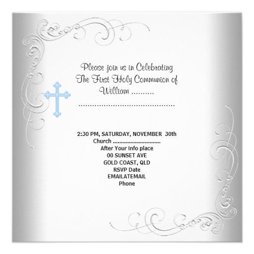 Boy First Holy Communion White Blue Personalized Invitation