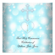 Boy First Holy Communion White Blue Invites