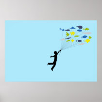 Boy Floating Away Holding Tropical Fish Balloons Print