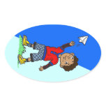 Boy Flying Paper Airplane Oval Sticker