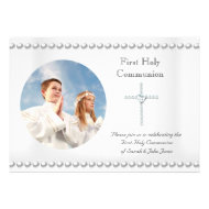 Boy Girl First Holy Communion White Cross Photo Personalized Invitation