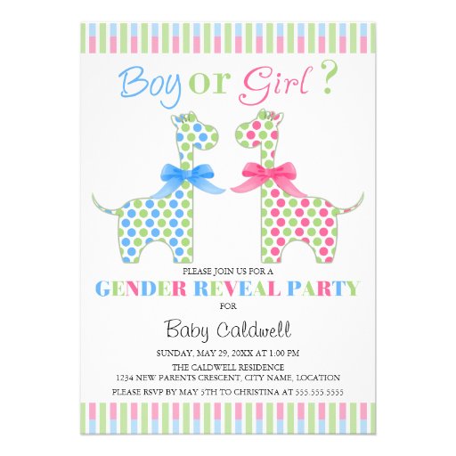 Boy Girl Giraffe Gender Reveal Party Personalized Invite (front side)