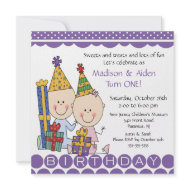 Boy & Girl Stick Figure Twins Birthday Invitation invitation