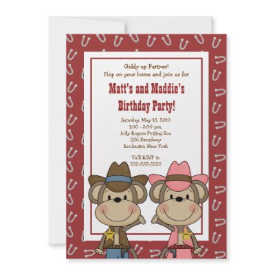 BOY & GIRL Western Cowboy Monkey 5x7 Birthday Custom Invitation by allpetscherished