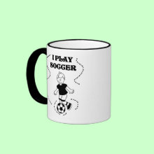 I Play Soccer Mug - A black line drawing of a boy soccer player and black text that reads 'I Play Soccer'