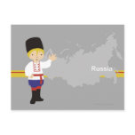 Boy in traditional Russian clothing in front of Postcards