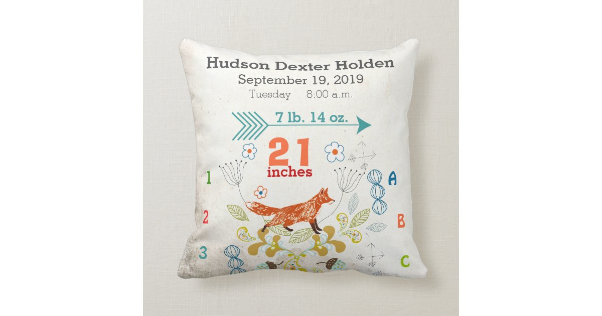 Boy Nursery Baby Birth Stat Fox Arrow Pattern Throw Pillow Zazzle