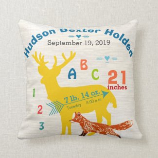 Boy Nursery Baby Birth Stat Fox Deer Arrow Throw Pillow