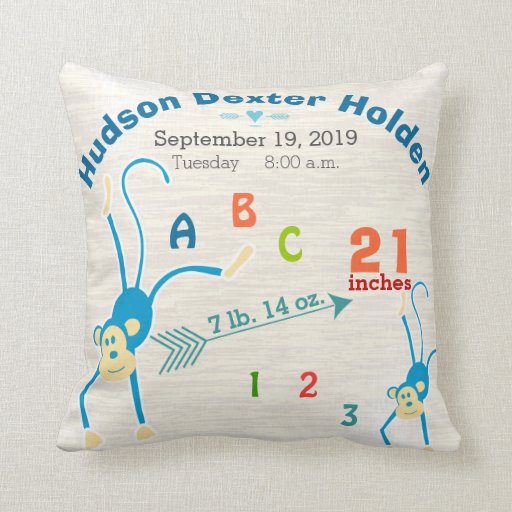 Boy Nursery Baby Birth Stat Monkey Cute Arrow Throw Pillow Zazzle