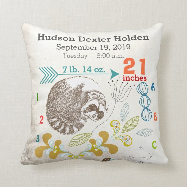 Boy Nursery Baby Birth Stat Raccoon Arrow Pattern Throw Pillows-0