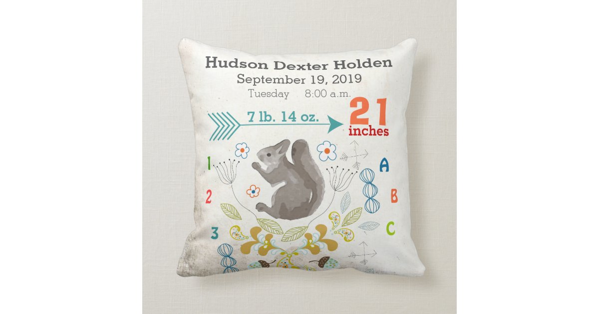 Boy Nursery Baby Birth Stat Squirrel Arrow Pattern Throw Pillow Zazzle