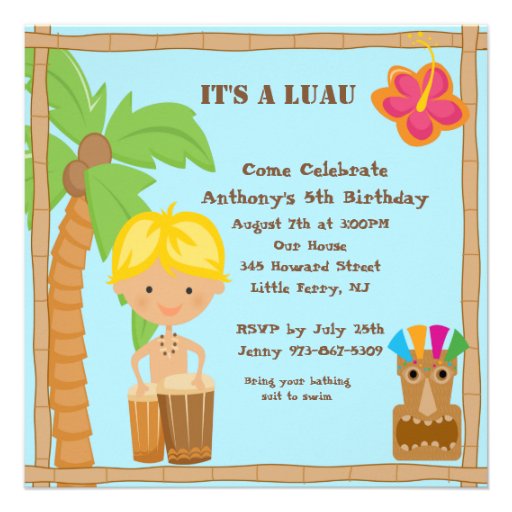Boy on Bongo Luau Square Birthday Invitation