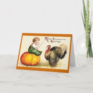 Boy on Pumpkin and Turkey Vintage Thanksgiving Card