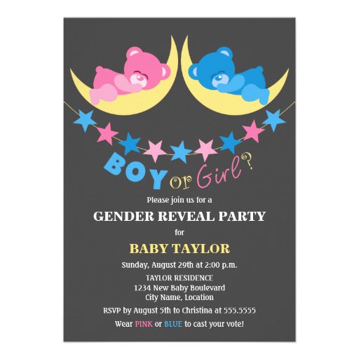Boy Or Girl Teddy Bears Gender Reveal Party Personalized Announcements (front side)