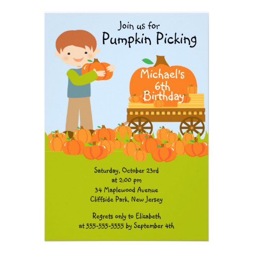 Boy Pumpkin Picking Birthday Party Invitations