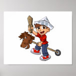 Boy riding a stick horse. poster