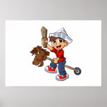 Boy riding a stick horse. poster