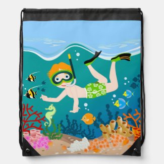Boy swimming and diving with tropical fish cinch bags