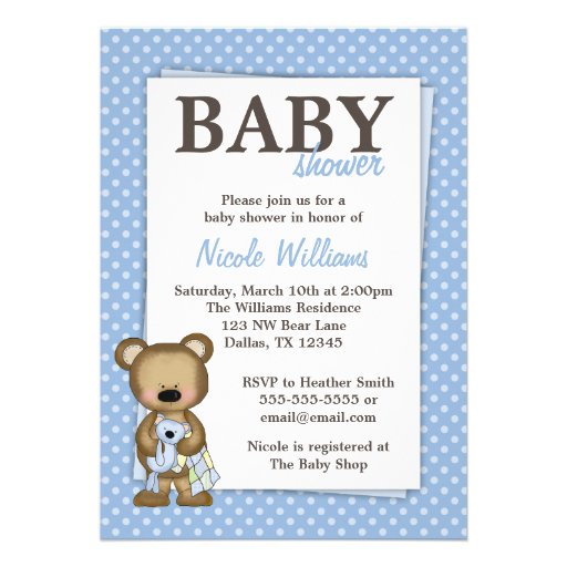 Boy Teddy Bear Baby Shower Blue Dots Invitation