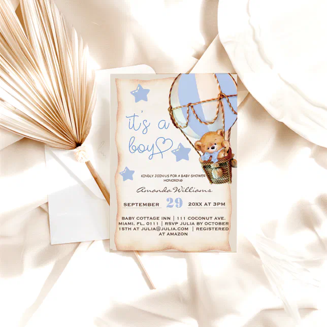Boy Teddy Bear Blue Hot Air Balloon Baby Shower Invitation Zazzle