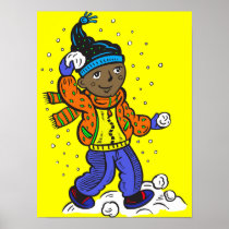 Boy Throwing Snowballs Print