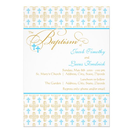 Boy Twins Cross Pattern Baptism Invitation