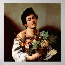 Boy with fruit basket posters
