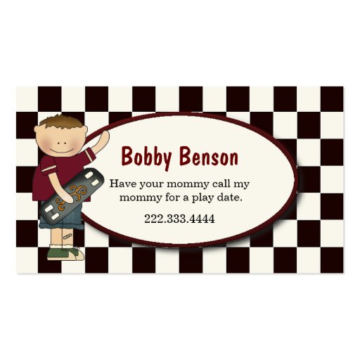 Boy with Skateboard Checked Play Date Card Business Card (front side)