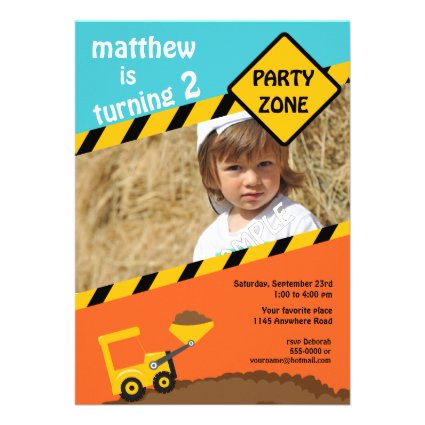 Boys 2nd Birthday Construction Photo Invitation