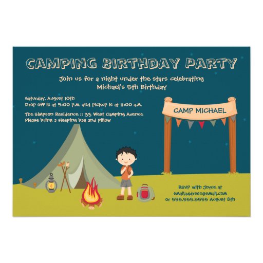 Boy's camping birthday party invitations (front side)