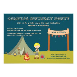 Boy's camping birthday party invitations