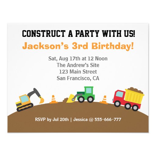 Boys Construction Vehicles Theme Birthday Party Personalized Invitation