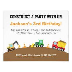 Boys Construction Vehicles Theme Birthday Party Invite