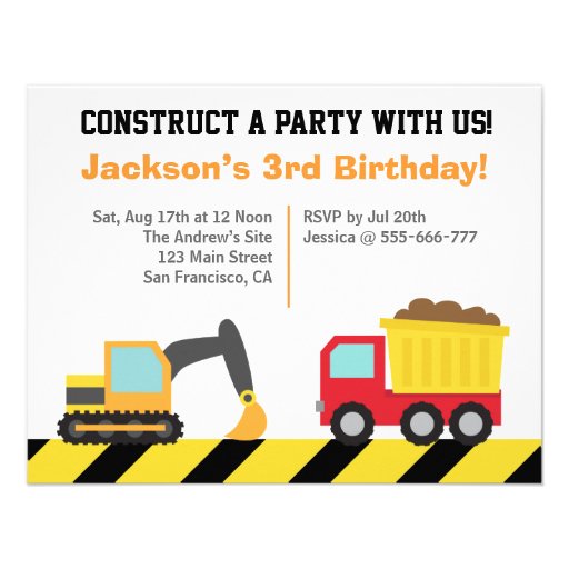 Boys Construction Vehicles Theme Birthday Party Custom Invitations