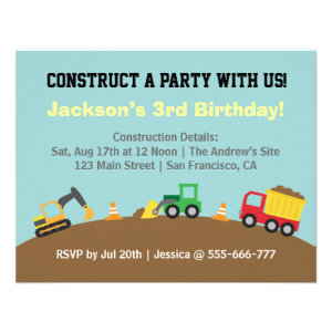Boys Construction Vehicles Theme Birthday Party Personalized Announcement