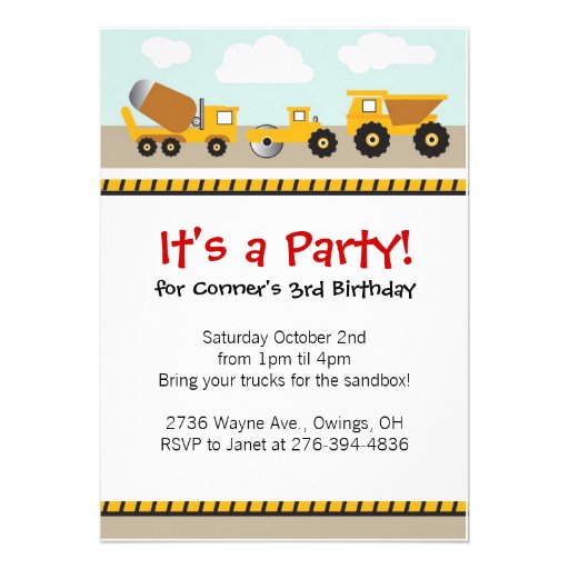 Boys contruction trucks invitation