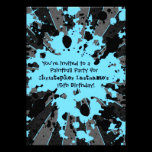 Boys funky blue paint splatter paintball birthday invitations