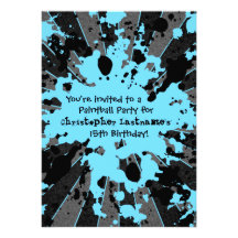 Boys funky blue paint splatter paintball birthday personalized announcement