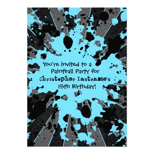 Boys funky blue paint splatter paintball birthday personalized announcement