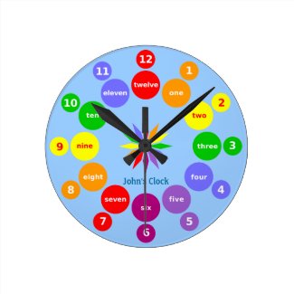 The blue version for boys - the numbers 1 to 12 around the edge of a wall clock with names of the numbers beside them in colored circles to help children learn the time.