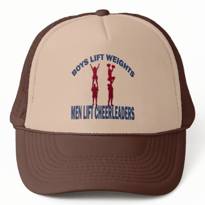 BOYS LIFT WEIGHTS MEN LIFT CHEERLEADERS TRUCKER HATS by dgpaulart