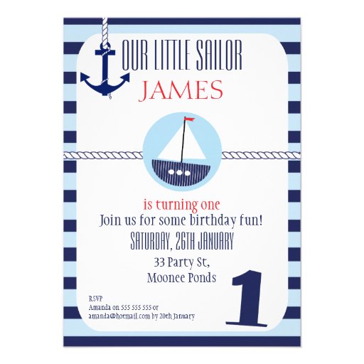 Boys Nautical 1st Birthday party Invitation (front side)