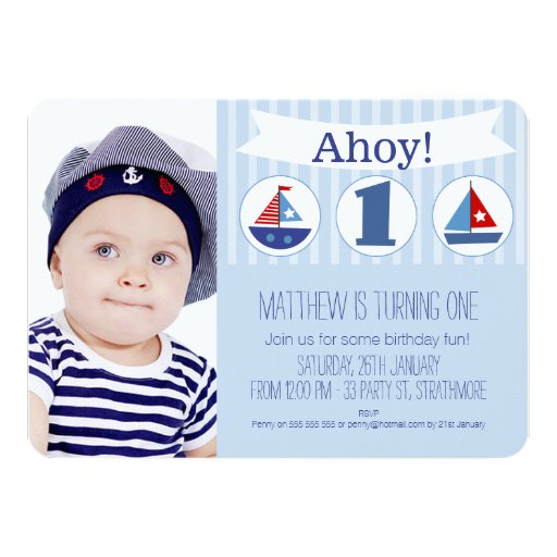 Boys Photo 1st Birthday Invitation Nautical