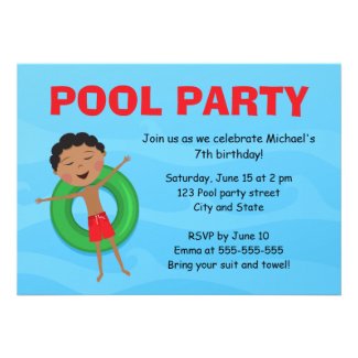 Boys pool party birthday invite african boy