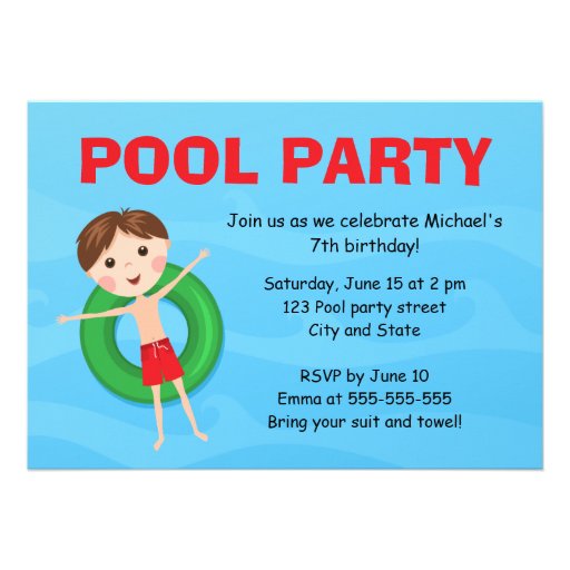 Boys pool party birthday invites boy on inflatable