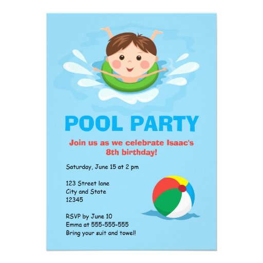Boys pool party birthday invites - splashing boy